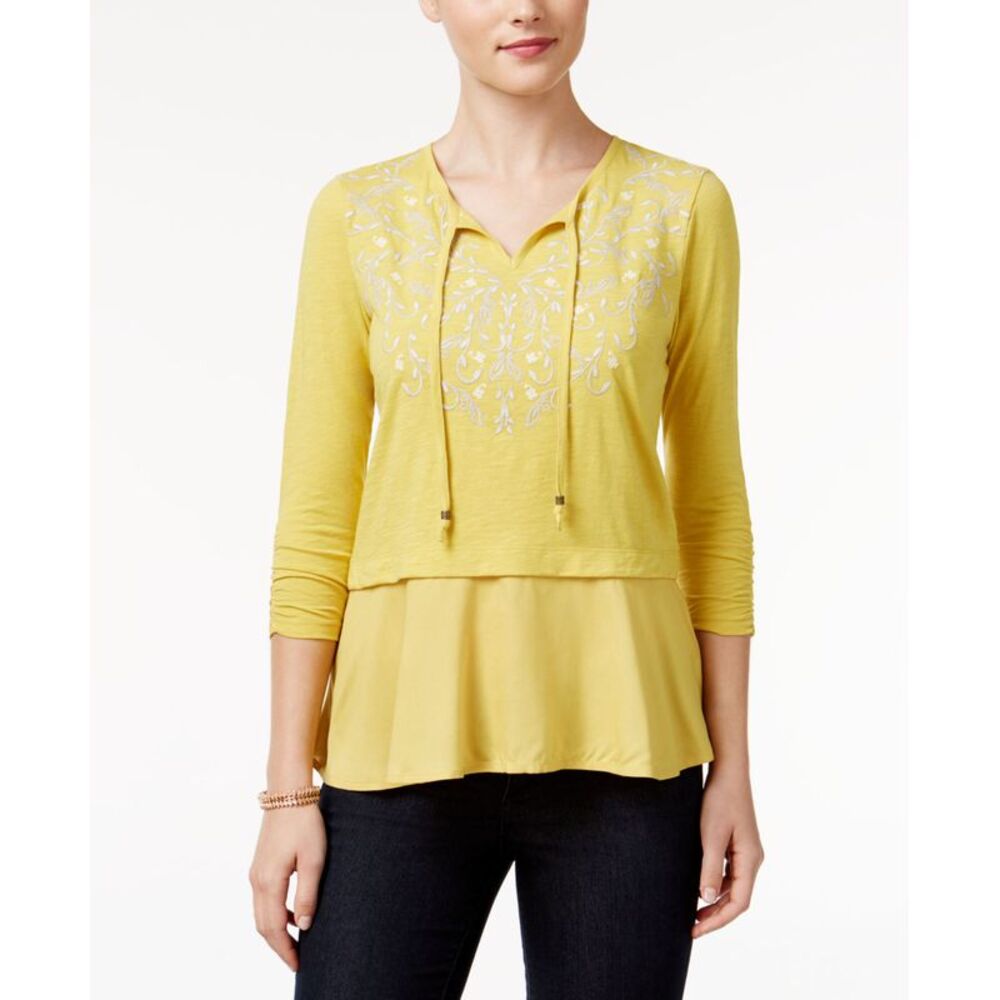 Style & Co Petite Embroidered Layered Look Peasant Top